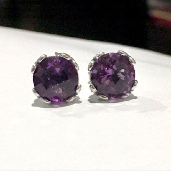 SAMUEL B Faceted Round Cut Amethyst Sterling Silver 925 Stud Earrings - Picture 4 of 13